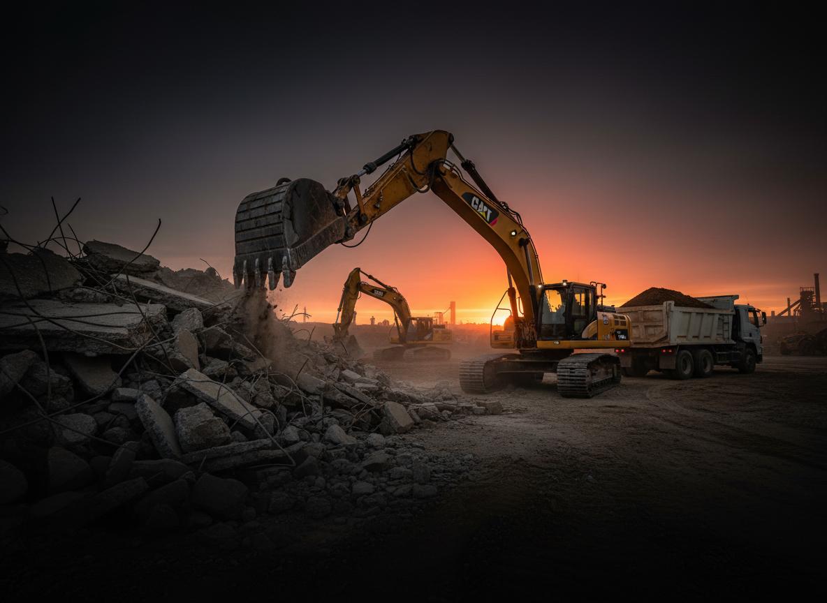 A dramatic dusk photograph of a yellow-and-black hydraulic excavator tearing into concrete rubble beside a white tipper truck on a large Wollongong demolition site, with dust catching the last of the sunset light.